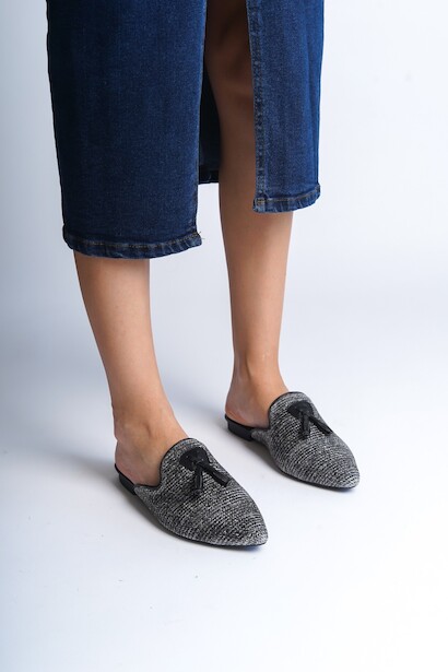 Kadın Bej Hasır Sivri Burunlu Terlik Tona  Siyah 6