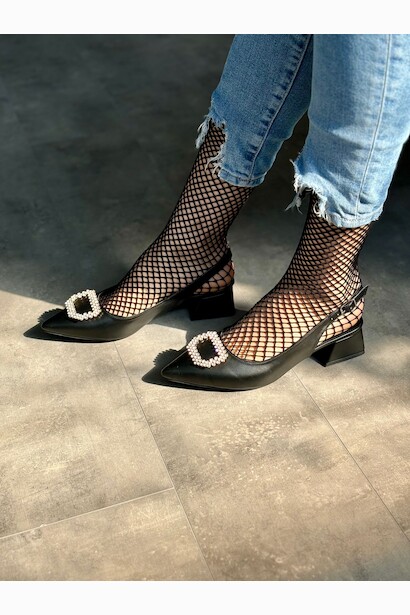 Kadın Silver Taş Kısa Topuklu Ayakkabı Yessi  Siyah 9