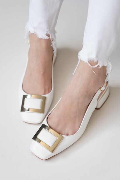 Kadın Gold Kare Toka Kısa Topuklu Ayakkabı Siyon  Beyaz 6