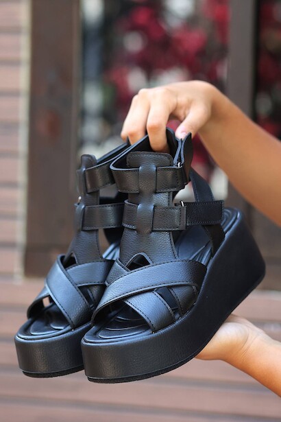 Kadın Tarz Bantlı Kadın Yüksek Tabanlı Sandalet Gladin  Siyah Cilt 4