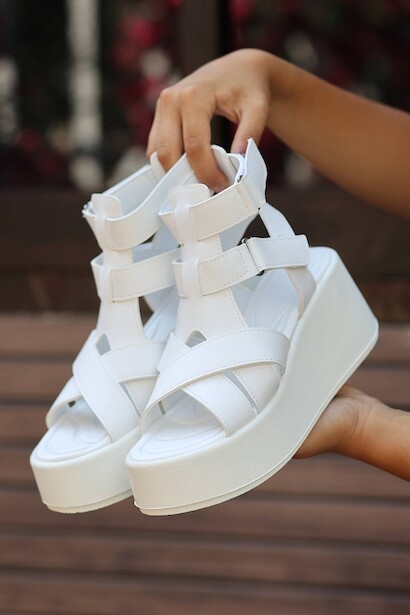 Kadın Tarz Bantlı Kadın Yüksek Tabanlı Sandalet Gladin  Beyaz Cilt  4