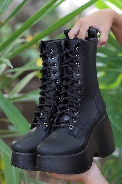 Kadın Dolgu Topuk Bağcıklı Bot Zina Siyah  Siyah 4