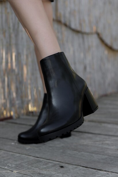 Kadın Fermuarlı Kısa Topuklu Bot Harel Siyah Cilt  Siyah Cilt 4