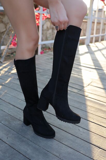 Kadın Diz Altı Topuklu Çizme Harby  Siyah Süet 4