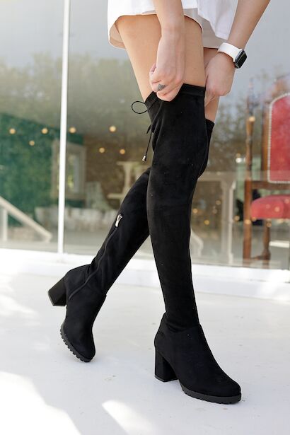 Kadın Diz Üstü Streç Topuklu Çizme Ossie  Siyah Süet 4