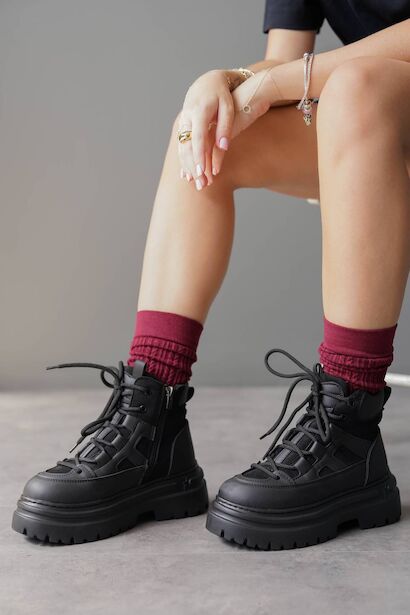 Kadın Kalın Taban Bağcıklı Bot Rollie  Siyah 4