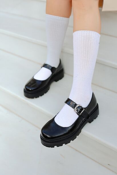 Kadın Tek Baretli Hakiki Deri Loafer Balerin  Siyah Rugan 4