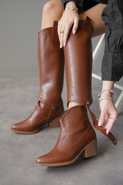 Kadın Sivri Burun Topuklu Çizme Ve Bot Sakie  Taba Cilt