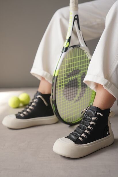 Kadın Bağcıklı Tasarım Taban Spor Bot Campe  Siyah 6