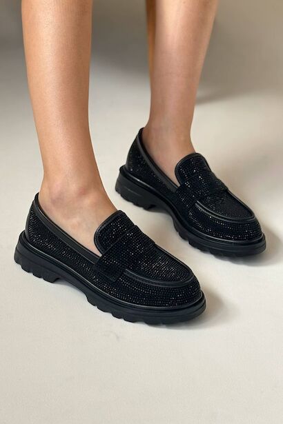 Kadın Parlak Taş Detaylı Loafer Günlük Ayakkabı Glisera  Siyah 4