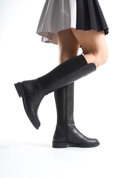 Kadın Lastikli Fermuarlı Kısa Düz Çizme Cizzy  Siyah 4