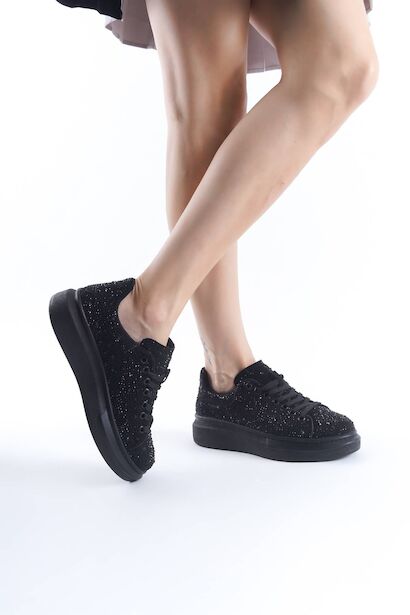 Kadın Bağcıklı Parlak Taş Detaylı Sneacer Günlük Ayakkabı Fromi  Siyah 4