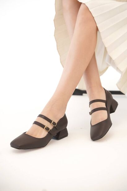 Kadın İki Baret Kısa Topuklu Ayakkabı Alara  Kahverengi 4