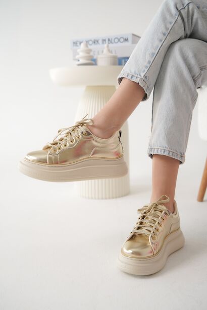 Kadın Kalın Taban Bağcıklı Spor Ayakkabı Cona  Altın 4