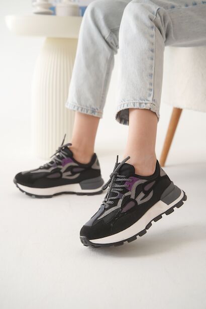 Kadın Tasarım Taban Fileli Bağcıklı Sneaker Lova  Siyah 4