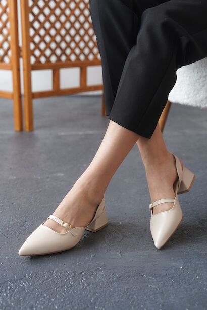 Kadın Arka Açık Tek Baret Kısa Topuklu Ayakkabı Alfa  Bej 4