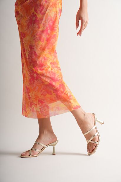 Kadın Çapraz Bantlı Tasarım Topuklu Terlik Carele  Altın 6