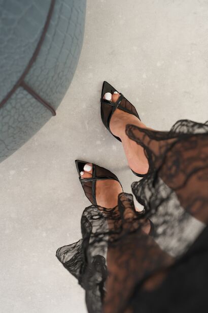 Kadın Burun Açık Fileli Topuklu Terlik Yekta  Siyah Rugan 6