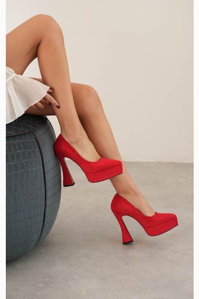 Kadın Özel Tasarım Orta Topuklu Topuklu Ayakkabı Mila  Kırmızı Süet 6