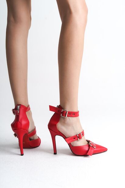 Kadın İnce Topuklu Tokalı Ayakkabı Stiletto Sansa  Kırmızı Cilt 4