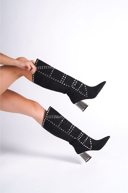 Kadın Zımbalı Tasarım Kısa Topuklu Çizme Lotus  Siyah Cilt 4