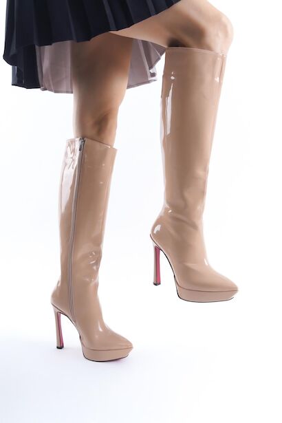 Kadın Tasarım Platform Yüksek Topuklu Çizme Carcie  Nude Rugan 4