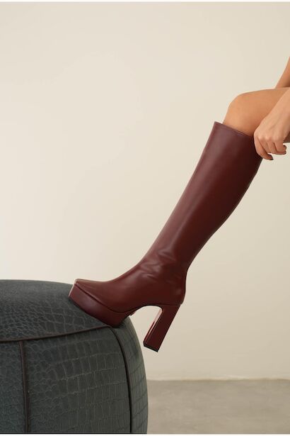 Kadın Platform Diz Altı Çizme Paman  Bordo 6