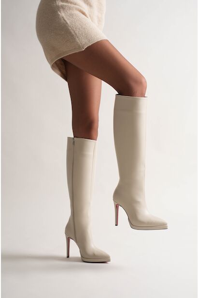 Kadın Diz Altı Kısa Platform Topuklu Çizme Amazen  Bej 6