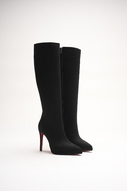 Kadın Diz Altı Kısa Platform Topuklu Çizme Amazen  Siyah Süet